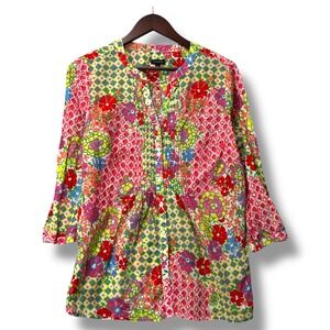 Talbots Floral Geometric Tunic Blouse M 100% Cotton Boho Summer Top Vivid Resort